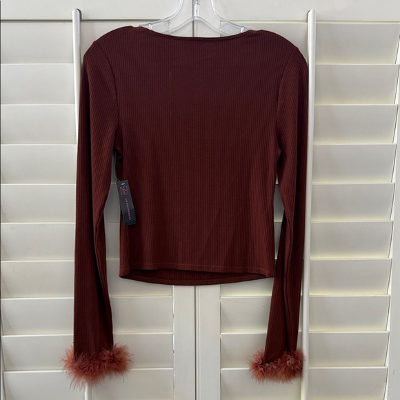No Boundaries Brown Long Sleeve Top with Feather Cuffs - Picture 2 of 3